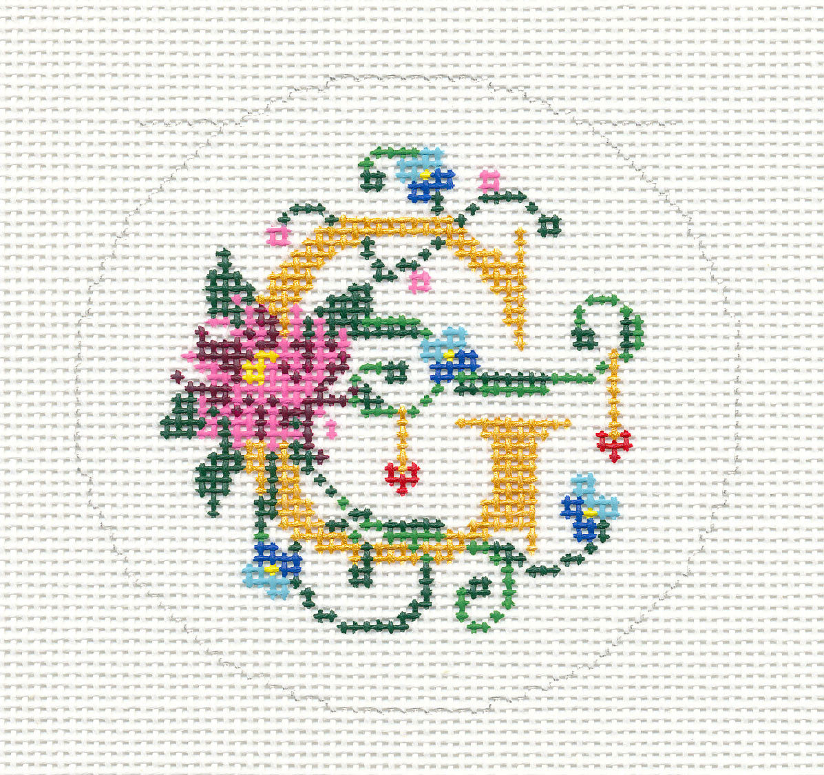 Alphabet ~ Letter "G" Floral Design handpainted Needlepoint Canvas 3" Rd. 18 mesh by Lee