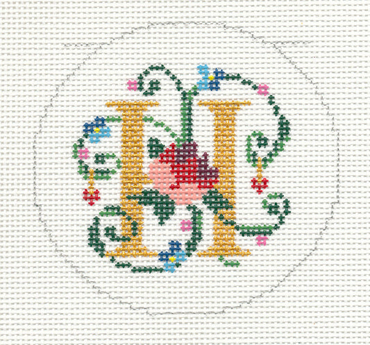 Alphabet ~ Letter "H" Floral Design handpainted 3" Rd. 18mesh Needlepoint Canvas by Lee
