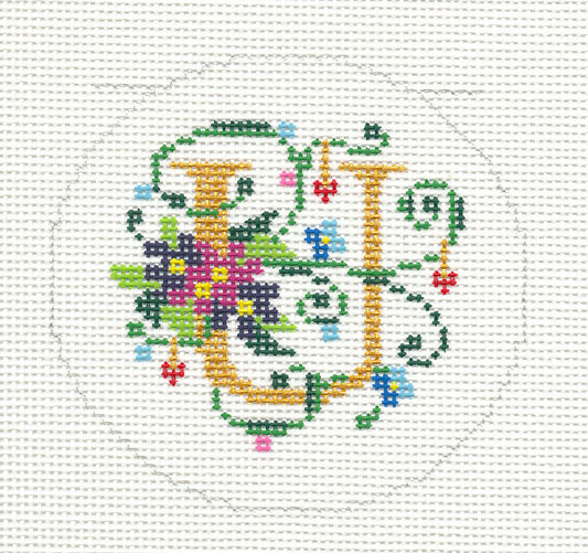 Alphabet ~ Letter "U" Floral Design handpainted Needlepoint Canvas 3" Rd. 18m by Lee