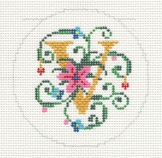 Alphabet ~ Letter "V" Floral Design handpainted Needlepoint Canvas 3" Rd. 18m by Lee
