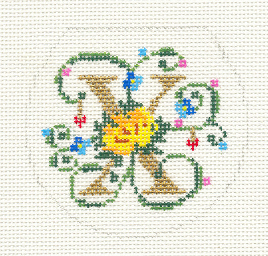 Alphabet ~ Letter "X" Floral Design handpainted Needlepoint Canvas 3" Rd. 18m by Lee