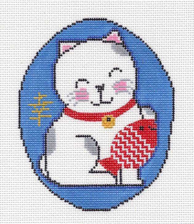 Oriental Cat ~ Oriental Happy Smiling Lucky Cat Holding a Fish by MBM Designs