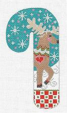 Medium Candy Cane ~ Christmas Reindeer with Snowflakes handpainted 18 Mesh Needlepoint Canvas By Danji