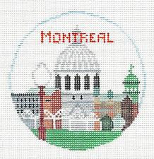 Travel Round ~ Montreal, Canada 4" Rd. handpainted 18 mesh Needlepoint Canvas by Kathy Schenkel