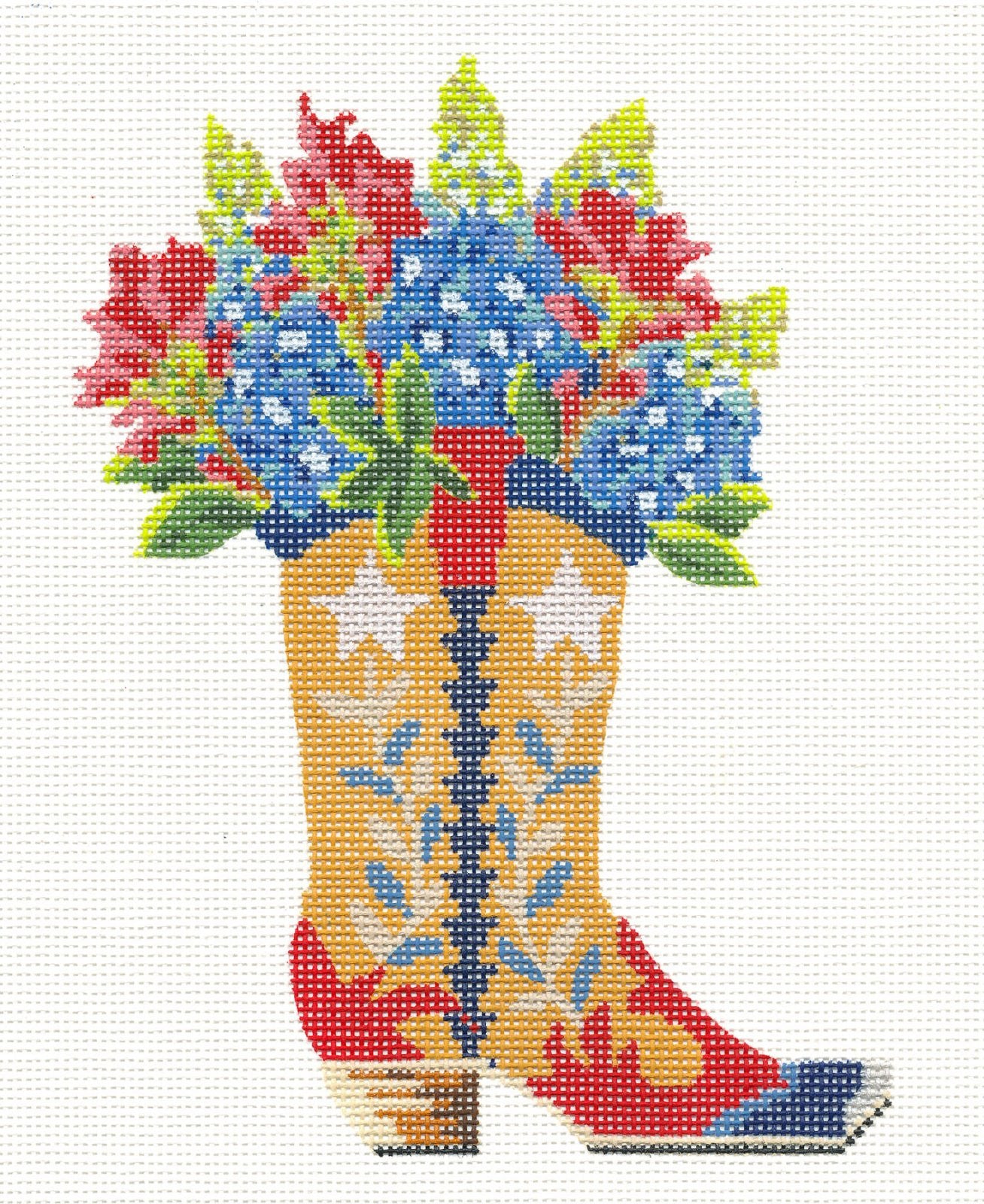 TEXAS ~ Texas Boot with Bluebonnets and Red Flowers handpainted Needlepoint Canvas by Kelly Clark