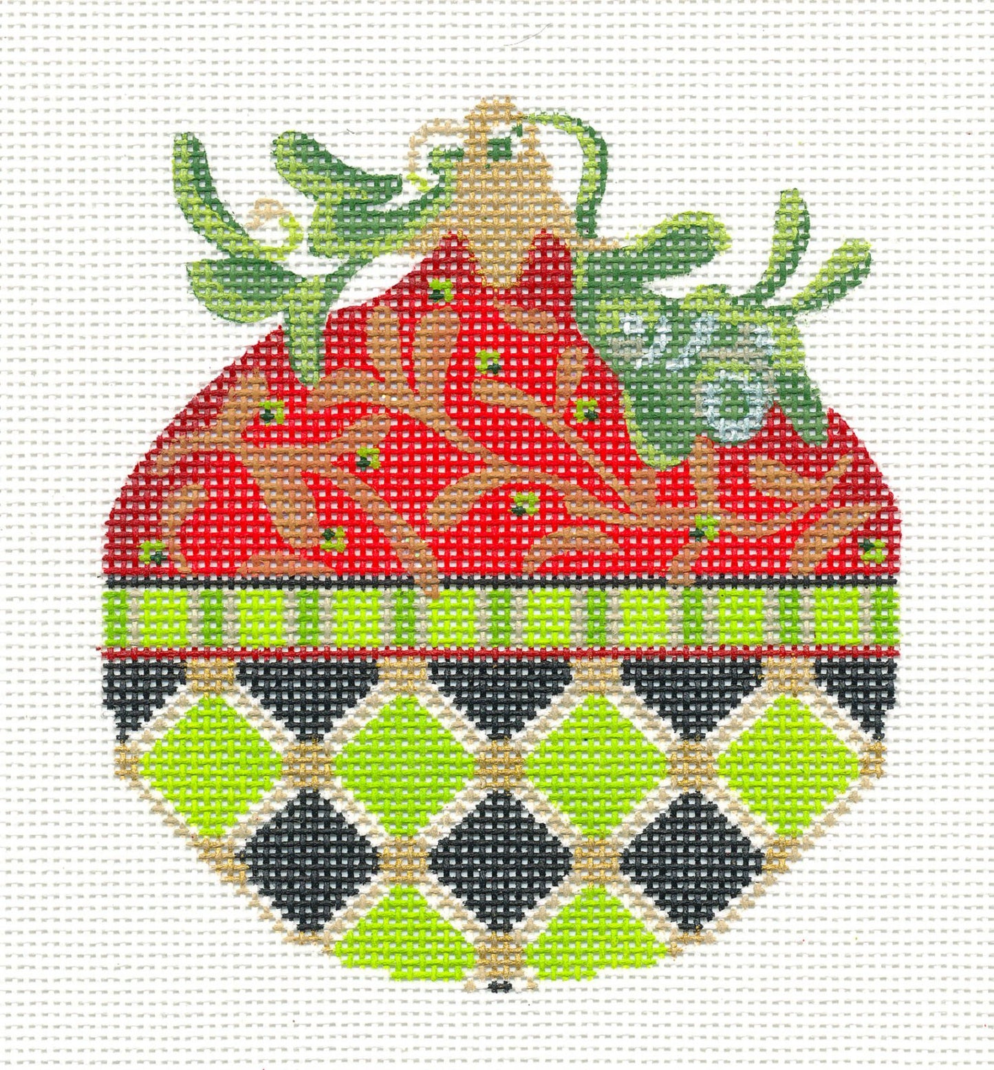 Kelly Clark Christmas – Chartreuse and Red Ornament with Stitch Guide handpainted Needlepoint Canvas **SP. ORDER**