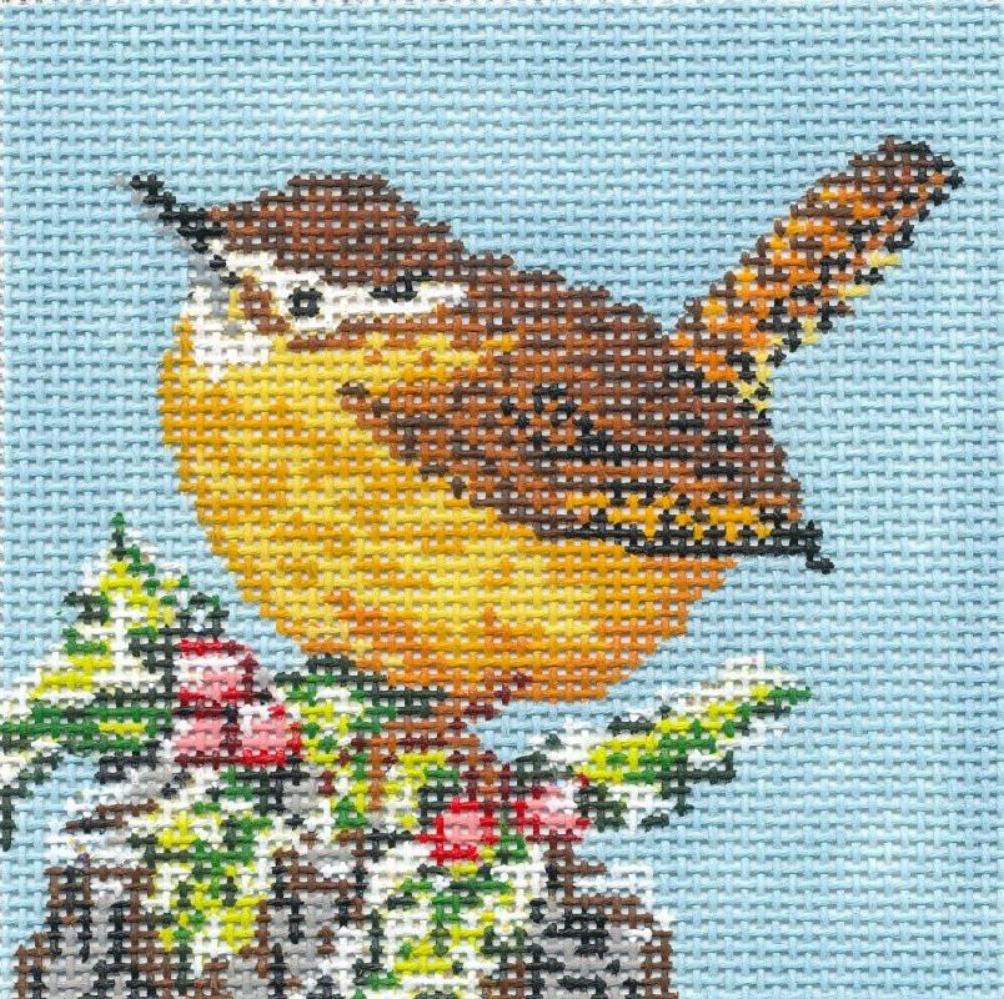 Bird Canvas ~ Carolina Wren Bird Ornament 3.5" Sq. handpainted Needlepoint Canvas by Needle Crossings