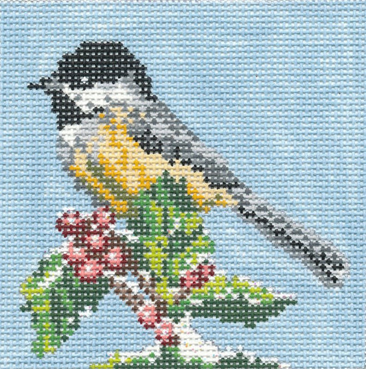 Bird Canvas ~ Chickadee Bird on Holly 3.5" Sq. handpainted Needlepoint Canvas by Needle Crossings