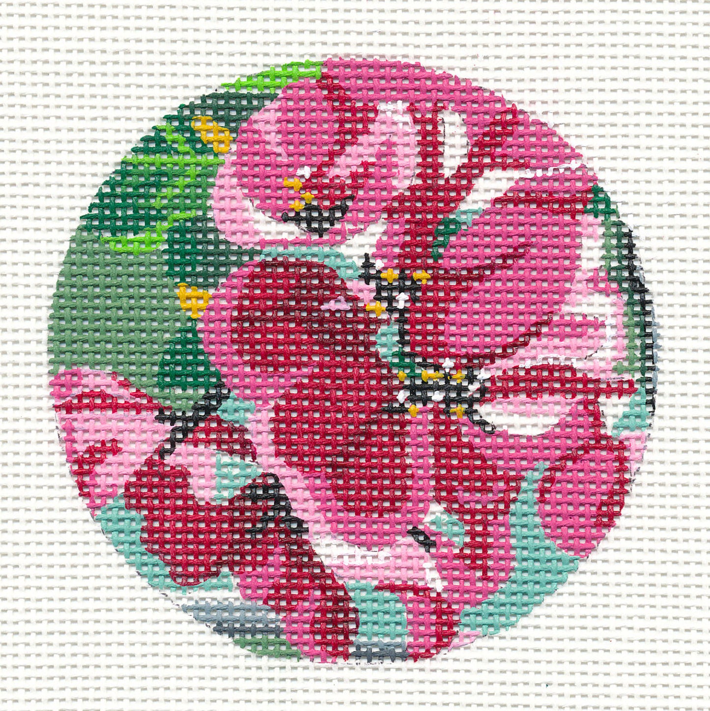 RETIRED ~ Deep Rose Geranium 3" Rd. Ornament on 18 mesh Handpainted Needlepoint Canvas by JulieMar