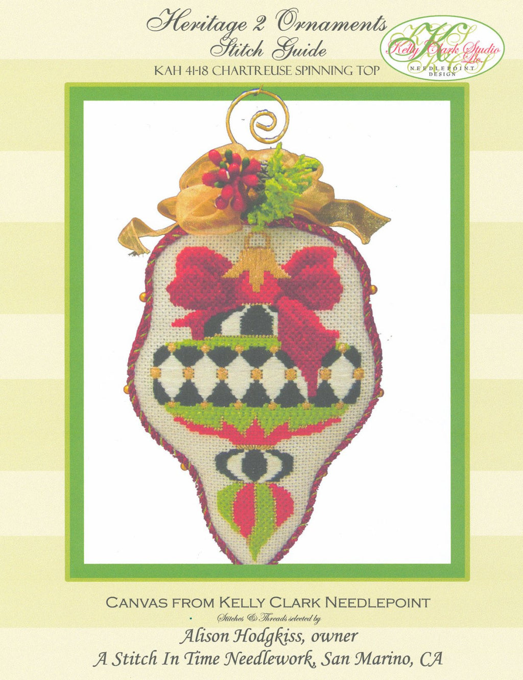 Kelly Clark Christmas ~ Chartreuse Spinning Top Ornament Canvas & STITCH GUIDE handpainted Needlepoint Canvas