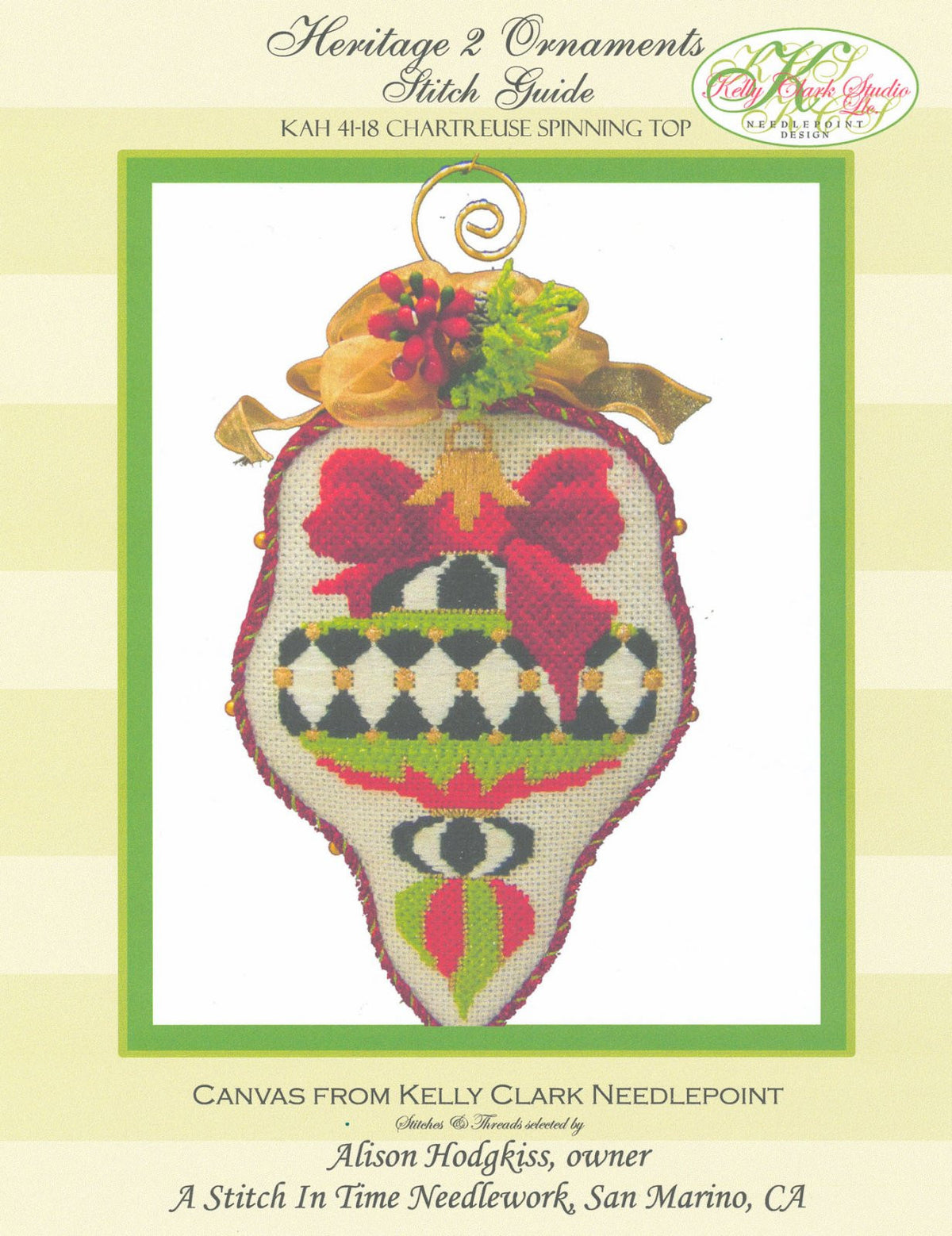 Kelly Clark Christmas ~ Chartreuse Spinning Top Ornament Canvas & STITCH GUIDE handpainted Needlepoint Canvas