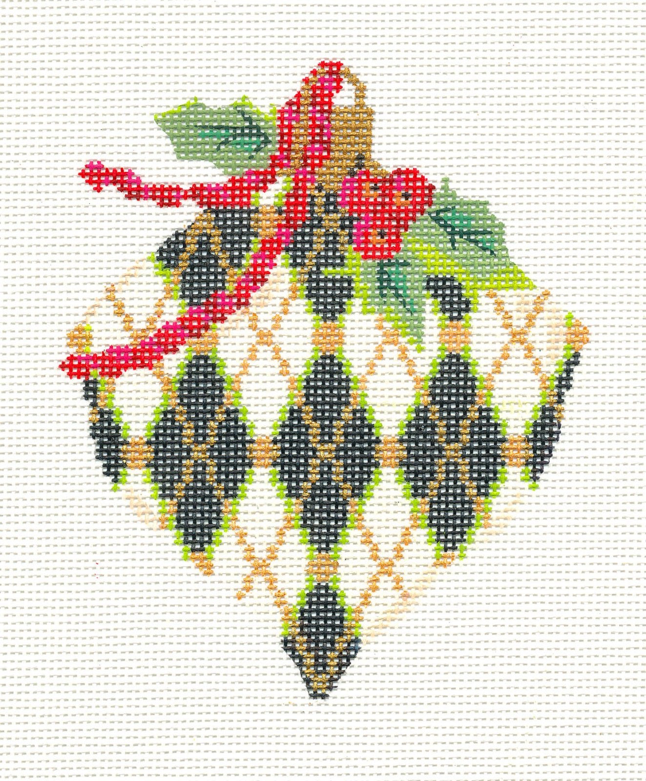 Kelly Clark Christmas ~ Jet Harlequin Heart Canvas & STITCH GUIDE handpainted Needlepoint Canvas