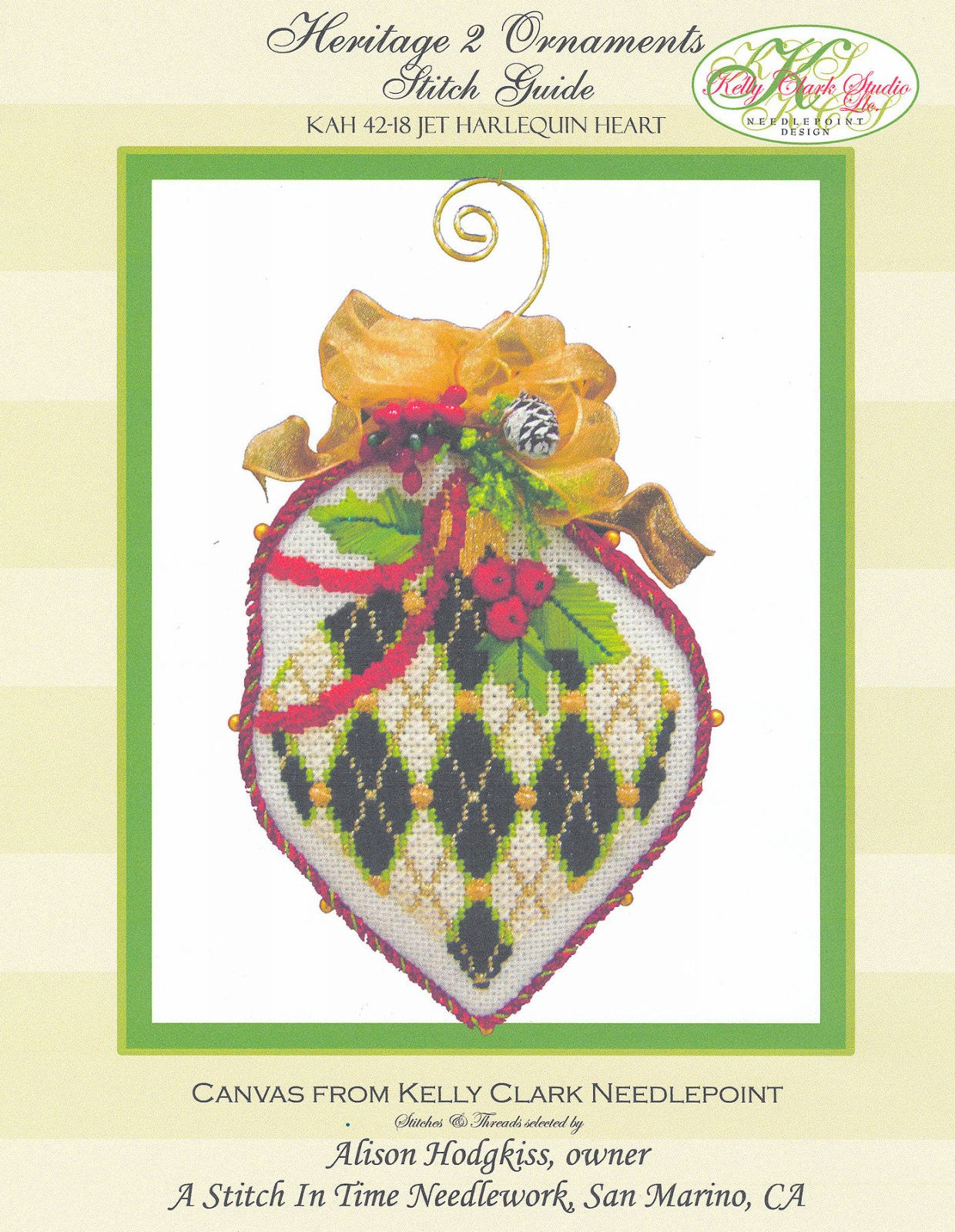 Kelly Clark Christmas ~ Jet Harlequin Heart Canvas & STITCH GUIDE handpainted Needlepoint Canvas
