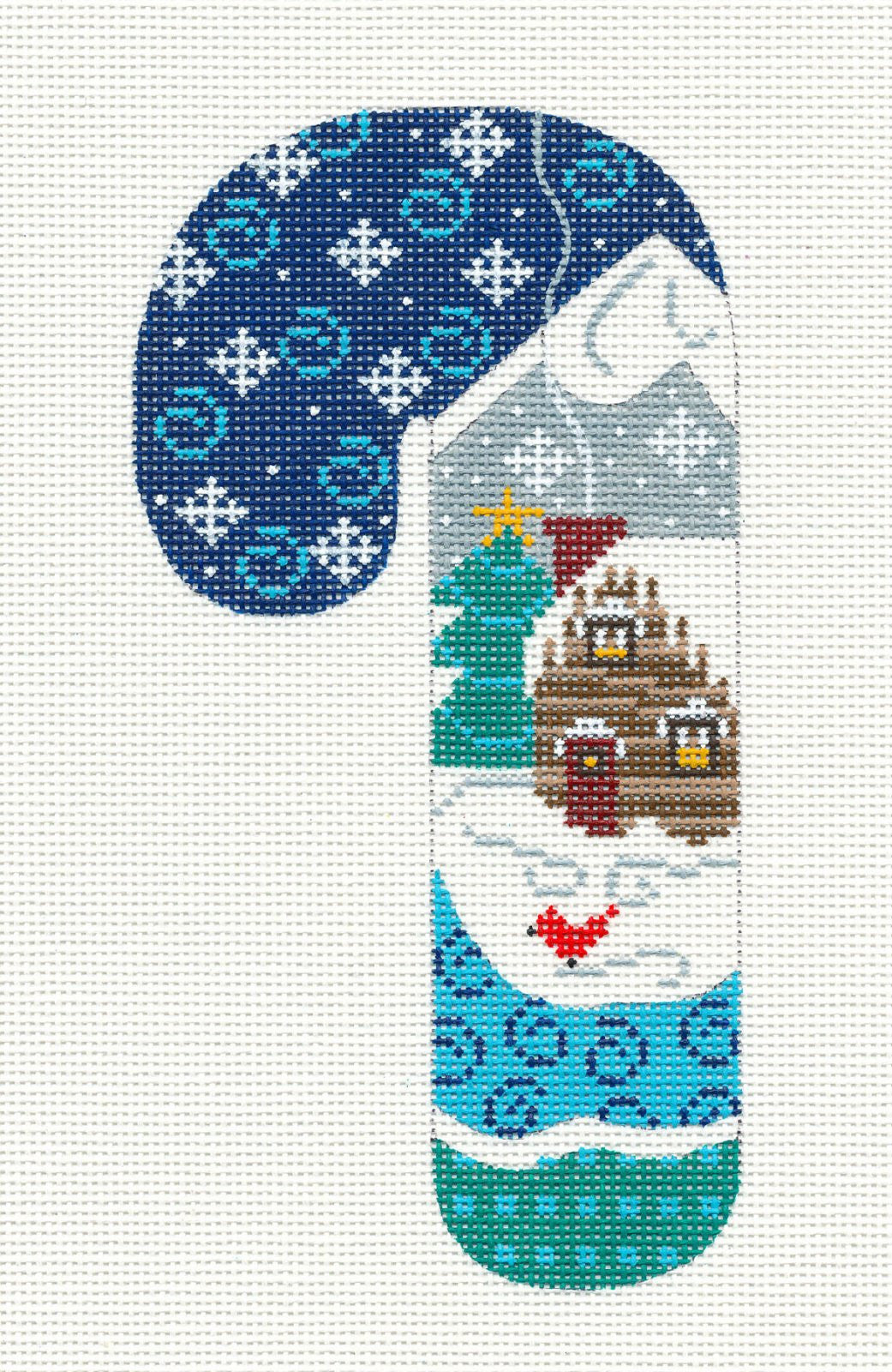 Candy Cane ~ Log Cabin With Snowflakes LG. Ornament handpainted Needlepoint Canvas by Danji Designs