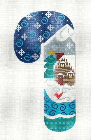 Candy Cane ~ Log Cabin With Snowflakes LG. Ornament handpainted Needlepoint Canvas by Danji Designs