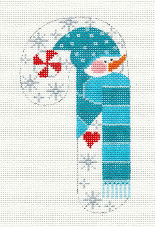 Candy Cane ~ Snowman With Heart & Snowflakes MED. Candy Cane Ornament handpainted Needlepoint Canvas by CH Design