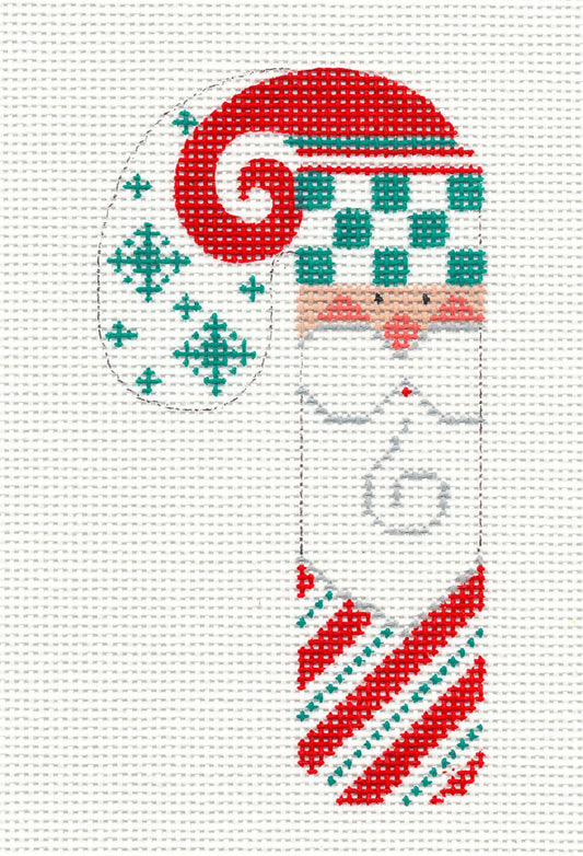 Medium Candy Cane ~ Red and Green Santa Ornament on hand painted Needlepoint Canvas~ by Danji Designs **SP. ORDER**