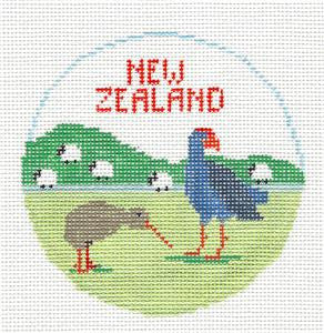 Travel Round ~ NEW ZEALAND handpainted 18 Mesh 4" Rd. Needlepoint Canvas Ornament by Kathy Schenkel