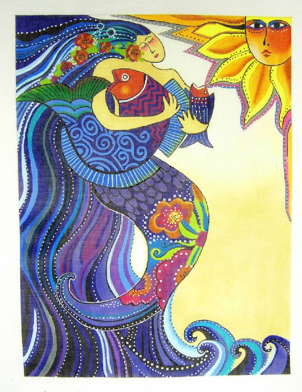 Laurel Burch ~ OCEAN SONG Mermaid & STITCH GUIDE LG. handpainted 18 Mesh Needlepoint Canvas from Danji Designs