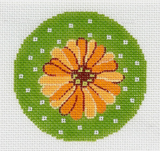 Round ~ Orange Zinnia Flower handpainted 18 Mesh Needlepoint Canvas 3" Rd. Ornament Insert by LEE