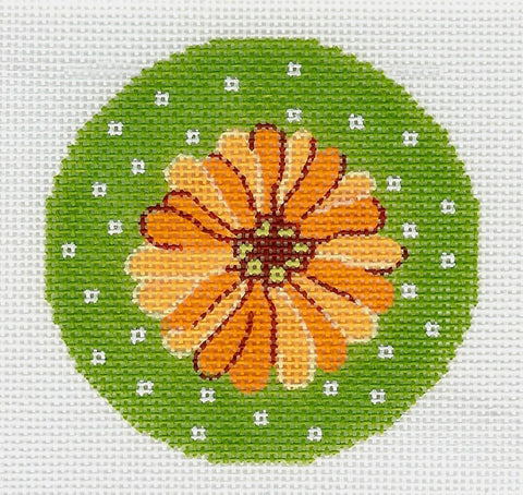 Round~ LEE Orange Zinnia Flower handpainted Needlepoint Canvas 3" Rd. Ornament Insert