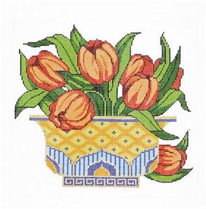 Canvas Floral~Vase of Spring Tulip Blossoms Design handpainted HP Needlepoint Canvas 18m