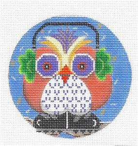 Round~Owl in Ear Muffs handpainted Needlepoint Ornament by Kamala from Juliemar 4"Rd.
