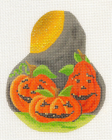 Kelly Clark Pear – "Pumpkin Patch" ~ 3 Pumpkins on a Pear & STITCH GUIDE handpainted Needlepoint Canvas Ornament