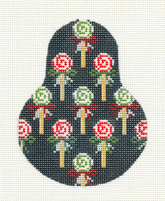 Kelly Clark Pear ~ Lollipops-on-a-Pear Ornament and STITCH GUIDE handpainted Needlepoint Canvas