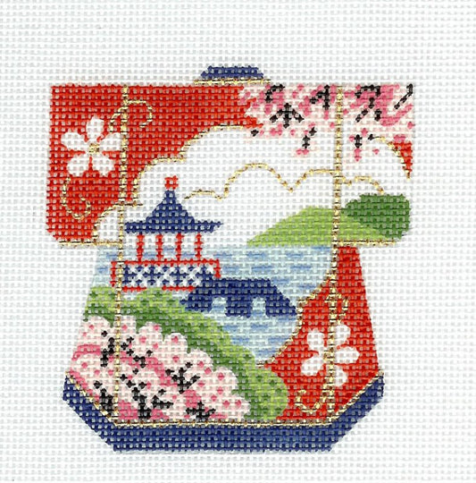 Kimono ~ Petite Pagoda and Lake Oriental Kimono handpainted Needlepoint Canvas by LEE