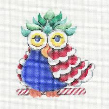 Bird ~ OWL BABY Colorful Patchwork handpainted Needlepoint Ornament by Patti Mann