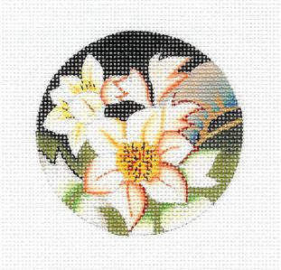 Round~3"Peach and White Floral handpainted Needlepoint Canvas~ By Lani