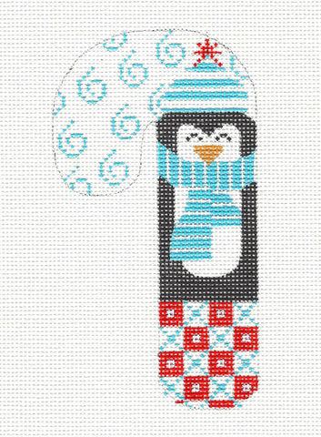 Medium Candy Cane ~ Penguin in Blue with Scarf and Hat HP Needlepoint Canvas by Danji
