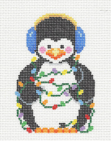 Christmas ~ Penguin Tangled in Christmas Lights and Ear Muff handpainted Needlepoint Canvas~ by Susan Roberts