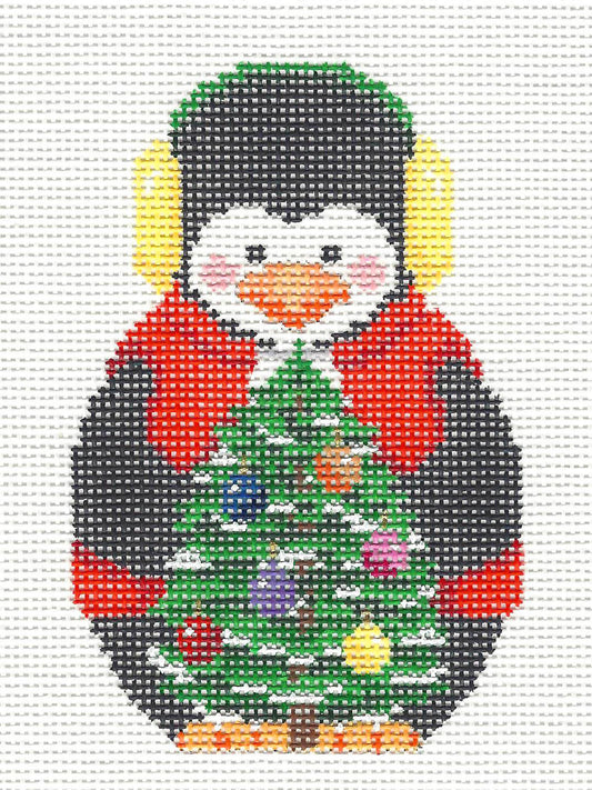 Christmas ~ Penguin with Christmas Tree and Ear Muffs handpainted 18 Mesh Needlepoint Canvas by Susan Roberts