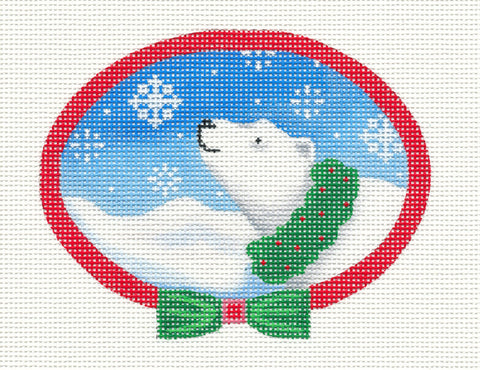 Oval ~ Polar Bear with Wreath Oval on 18 Mesh handpainted Needlepoint Canvas by Pepperberry *SPECIAL ORDER*