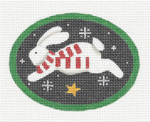 Oval ~ Jumping Bunny Oval on 18 Mesh handpainted Needlepoint Canvas by Pepperberry