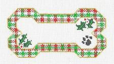 Dog Bone ~ Christmas Plaid with Paw Print & Holly handpainted needlepoint Ornament by BP Designs Danji