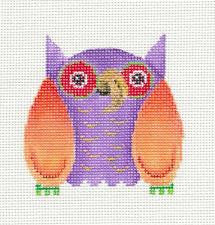 Bird ~ Purple & Orange Patchwork OWL handpainted Needlepoint Canvas by Patti Mann