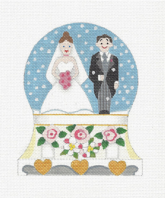 Wedding Canvas ~ Bride & Groom on Wedding Cake Snow Globe "Just Married" Wedding handpainted Needlepoint Canvas by Raymond Crawford