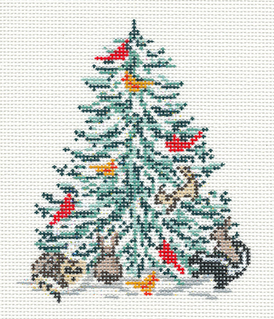 Tree Canvas ~ Christmas Woodland Animals & Cardinals Tree handpainted Needlepoint Canvas by Needle Crossings