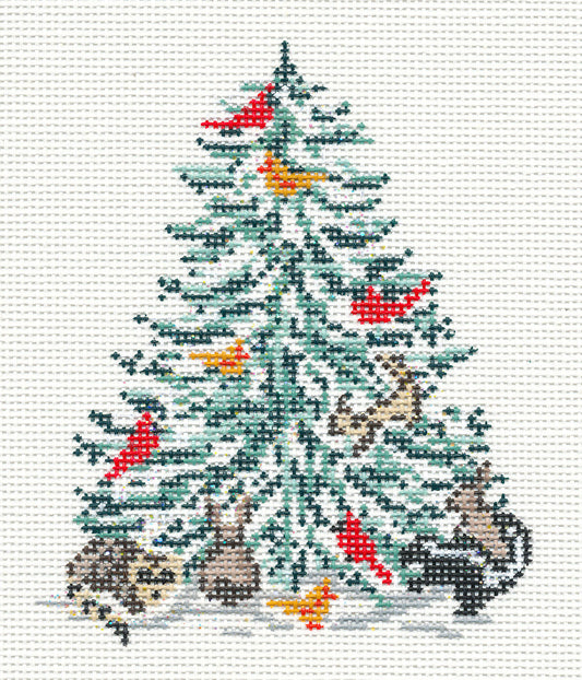 Tree Canvas ~ Christmas Woodland Animals & Cardinals Tree 18m handpainted Needlepoint Canvas by Needle Crossings
