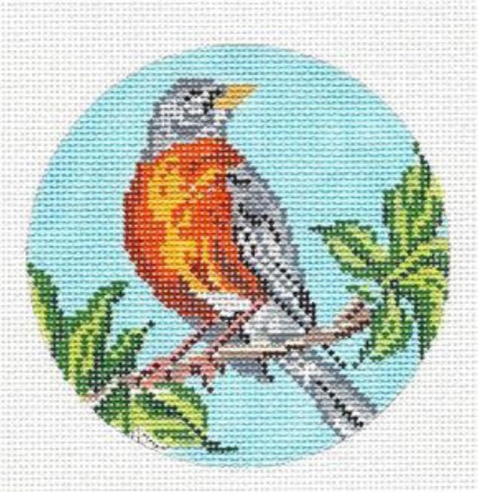 Bird Round ~ American Robin Bird Ornament handpainted 4" Needlepoint Canvas by Needle Crossings