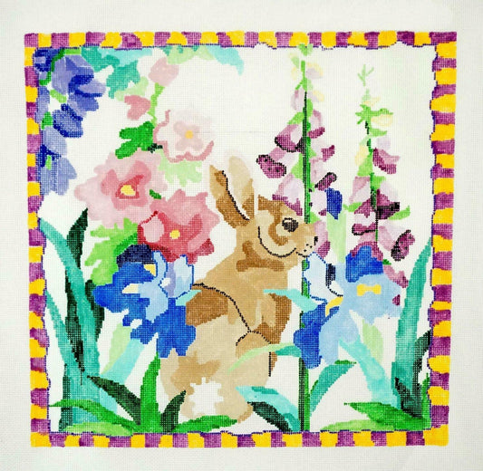 BUNNY IN MY GARDEN ~ 16" Sq. handpainted 13 mesh Needlepoint Canvas by Jean Smith