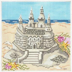 Beach Canvas ~ Sand Castle on the Beach 5" Sq. handpainted 18 mesh Needlepoint Canvas by Needle Crossings
