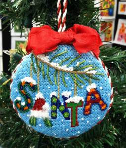 Round ~ Santa Name with Orange on Hand Painted Needlepoint 4" Ornament Canvas by JulieMar