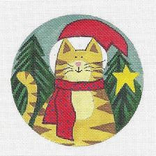 Christmas Cat ~ Marmalade Cat Wearing a Santa Hat 5" Rd. HP needlepoint canvas by Laurie Korsgaden from Danji