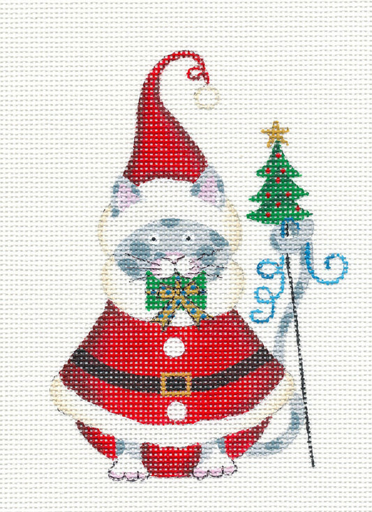 Christmas Cat ~ Santa Cat with Present handpainted Needlepoint Canvas Ornament by L. Daniels from Danji
