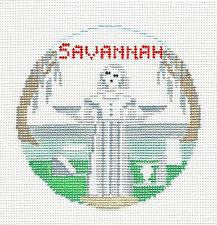 Travel Round ~ Savannah, Georgia "Bird Girl Statue" 4" Rd. handpainted 18 Mesh Needlepoint Canvas by Kathy Schenkel