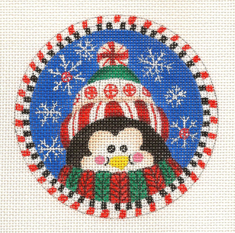 Round-Winter Penguin and Snow Ornament on Handpainted Needlepoint Canvas ~ Danji